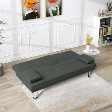 Contemporary Futon Sofa, Center Drop Down Cup Holders & Movable Arms