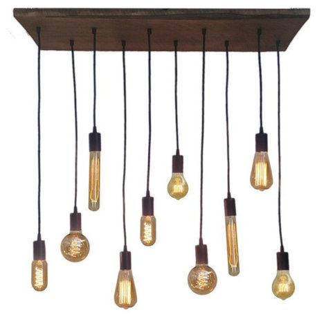 10 Pendant Reclaimed Wood Chandelier, Black, Mixed Antique Bulbs