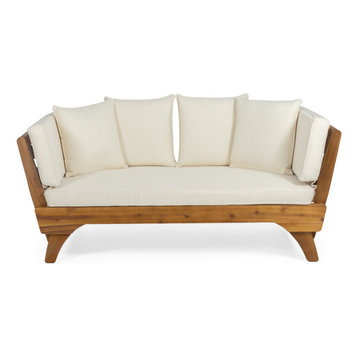 Shiloh Outdoor Acacia Expandable Daybed With Cushions, Teak Finish/Khaki/Beige