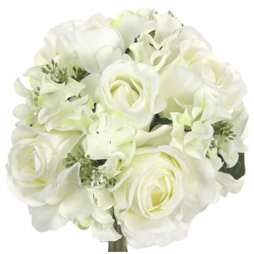 9 Stems Artificial Rose and Hydrangea Mixed Bouquet, Cream/Green