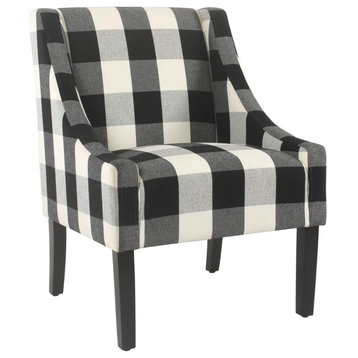 Benzara BM194045 Fabric Wood Accent Chair with Buffalo Plaid Pattern Black/White