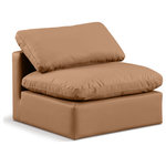 Meridian Furniture - Indulge Upholstered Modular Chair, Cognac, Fiber Stuffed Vegan Leather, Armless Chair - Experience ultimate comfort and style with our cognac vegan leather Indulge Armless Chair. The luxurious vegan leather will elevate the aesthetic of any room. This chair provides ample space for you to relax while its modular build offers the option of unlimited configurations. Whether you're looking to add a stylish element to your living room or a comfortable seating option to your bedroom, this chair is the perfect choice.