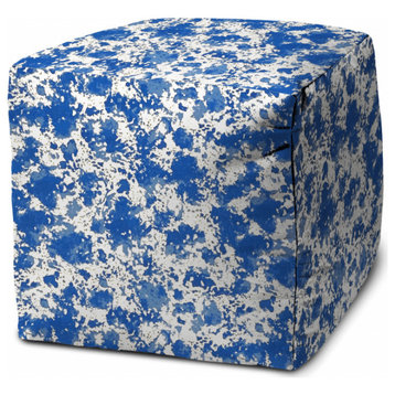 17" Blue and White Polyester Cube Abstract Indoor Outdoor Pouf Ottoman