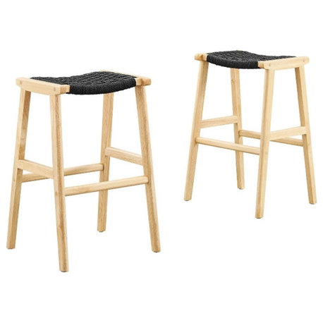 Modway Saoirse 29.5" Fabric & Wood Bar Stool in Black/Natural (Set of 2)