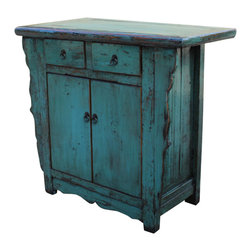 Distressed Pastel Teal Blue Lacquer Mid Size Credenza Table Cabinet - Console Tables