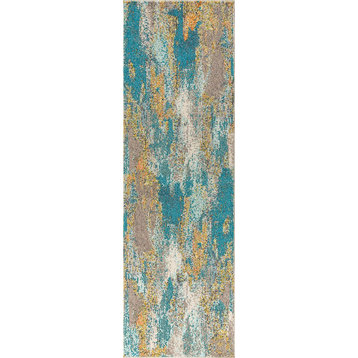 Contemporary POP Modern Abstract Vintage Area Rug, Blue/Brown/Orange, 2x8