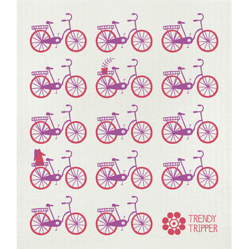 Swedish Dishcloth Mid-Century Modern, Rows of Bikes, Purple and Red on Natural