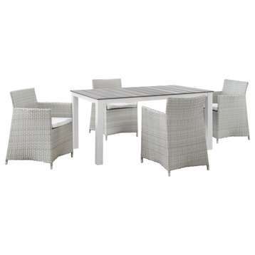 Modern Contemporary Outdoor Patio Dining Set, White, Fabric, Synthetic Rattan