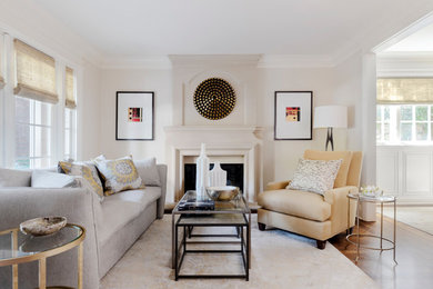 Inspiration for a transitional medium tone wood floor and brown floor living room remodel in San Francisco with a standard fireplace, a stone fireplace, no tv and white walls