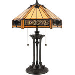 Quoizel - Quoizel TF6669VB Two Light Table Lamp Indus Vintage Bronze - Features a handcrafted tiffany art glass shade in a creamy neutral color overlayed with intricate filigree accent panels.