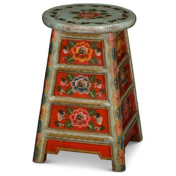 Distressed Light Teal and Red Tibetan Stool With Drawers