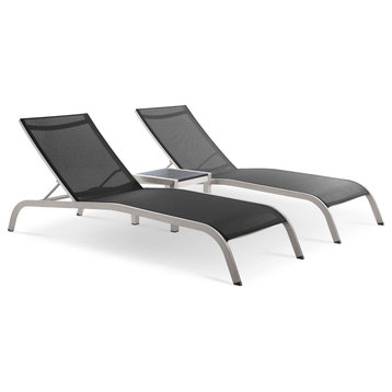 Savannah Outdoor Patio Mesh Chaise Lounge Set With Side Table, Black