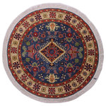 Bareens Designer Rugs - Tribal Kazak Smoot Blue/Ivory Wool Round - 4'10'' x 4'10'' - Embellish your home with this exquisitely hand-knotted Super Kazak Rug made with the finest hand spun wool and all vegetable dyes. Demonstrating incredible attention to detail, this hand-knotted masterpiece features an intricate Super Kazak pattern in a classic color palette. Made in the Caucasian designs from Russia and the northern Persian empire, each Super Kazak incorporates distinctive tribal flavor with elements such as the stepped hooted polygons, geometrical medallions, animals and rosettes. The straight, clean lines and bold tones embody the weaving style of the Armenian and Afghani weavers known for these iconic designs. This magnificent rug featuring soft luscious pile and is made with handspun wool and natural dyes to produces soft luminous shades causing a beautiful sheen. With geometric designs and bold vibrant saturated colors predominately blues, reds, greens, and gold make a bold statement in any decor. The construction technique used ensures that the designs and colors Ae capable to withstand heavy traffic area.