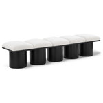 Meridian Furniture - Pavilion Black Boucle Fabric Bench, Cream, Black Finish, 77.5" W X 18" D X 17.5" H - Bring valuable seating and remarkable style to your space with this cream Pavilion Boucle Fabric Bench, an exquisite balance of style and usability for the entryway, bedroom, and beyond. Crafted from oak veneer with a black finish, this bench has a 4-inch-thick seat cushion that's channel-tufted for a touch of luxury. The bench's columnar bases add a dash of Art Deco design, making it a captivating focal point in any room.