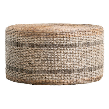 Brown Striped Round Water Hyacinth and Seagrass Ottoman/Table