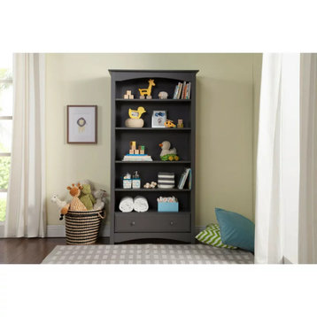 Traditional Bookcase, Pine Wood Frame With Lower Drawer & 5 Shelves, Slate