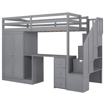 TATEUS Twin Size Loft Bed with Wardrobe and Staircase, Desk and Storage Drawers, Gray