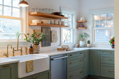 Inspiration for a timeless galley terra-cotta tile and red floor kitchen remodel in Portland with a farmhouse sink, shaker cabinets, green cabinets, quartz countertops, white backsplash, ceramic backsplash, stainless steel appliances, no island and white countertops