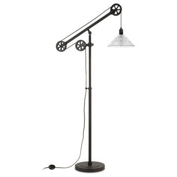 Descartes Pulley System Floor Lamp with Ribbed Glass Shade in Blackened...