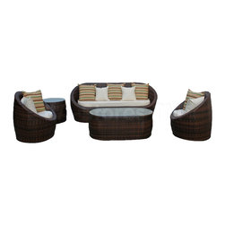 YuAnne 5PC Patio Sofa Set in Brown (Sofa, 2 Armchairs, Coffee Table and Side Tab - Patio Furniture And Outdoor Furniture