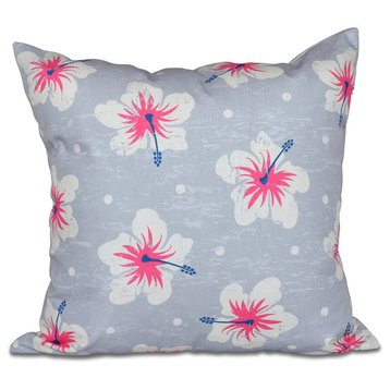 Hibiscus Blooms, Floral Print Outdoor Pillow, Gray, 18"x18"