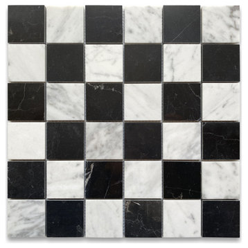 Carrara White Nero Marble Checkerboard Chess Mosaic Tile Polished, 1 sheet