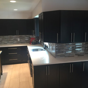 Modern Kitchen with Ebony Cabinet and Glass Tile Backsplash