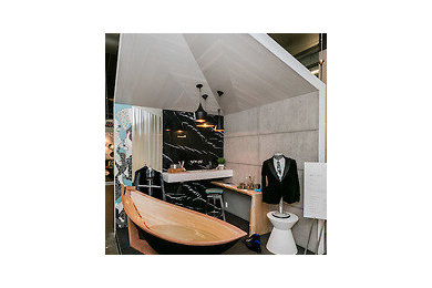 Inspiration for a small modern master gray tile porcelain tile freestanding bathtub remodel in Edmonton with wood countertops