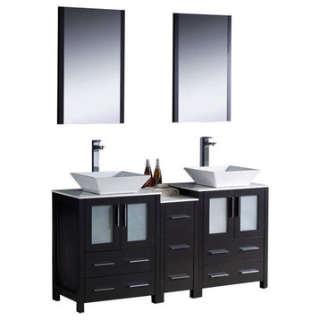 60" Espresso Modern Double Sink Bathroom Vanity w/ Side Cabinet & Vessel Sinks