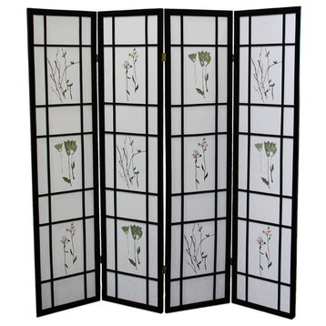 4 Panel Botanical Shoji Screen - Black