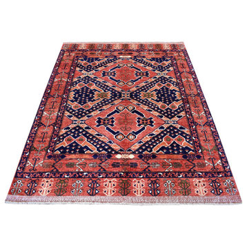 Wool Red Afghan Ersari Geometric Design Hand Knotted Oriental Rug, 5'3" x 6'6"