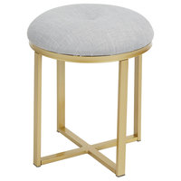 Mia Upholstered Metal Round Vanity Seat, Gray Linen And Gold Metal