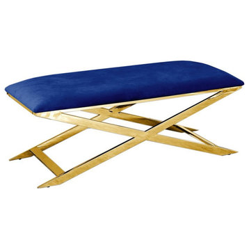 Best Master Furniture 47" Modern Velvet with Gold Plated Accent Bench in Blue