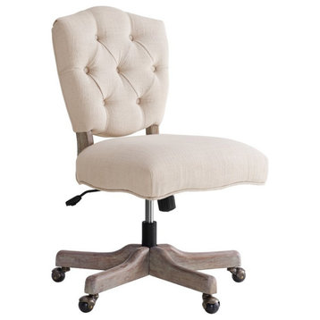 Linon Kelsey Graywash Wood Base Upholstered Tufted Swivel Office Chair in Beige