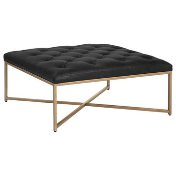 Endall Square Leather Coffee Table/Ottoman, Antique Brass, Black