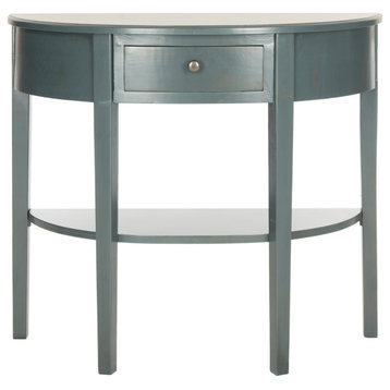 Transitional Console Table, Half Moon Top With Small Drawer & Shelf, Steel Teal