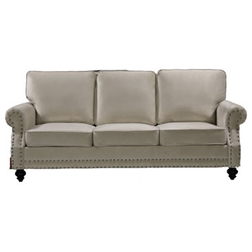 Traditional Sofa, Velvet Seat & Rolled Arms With Nailhead Accents, Beige