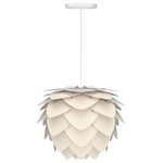UMAGE - Aluvia Hardwired Pendant, Pearl/White, Mini - Modern. Elegant. Striking. The VITA Aluvia is an artistic assemblage of 60 precision-cut aluminum leaves, overlapping each other on a durable polycarbonate frame. These metal leaves surround the light source, emitting glare-free, ambient light.  The underside of each leaf is painted white for increased light reflection, and the exterior is finished in one of two different colors: subtle Pearl or dramatic Anthracite. Available in two sizes, the Medium (18.9"H x 23.3"W) can be used as a pendant or hanging wall lamp, while the Mini (11.8"H x 15.7"W) is available as a pendant, table lamp, floor lamp or hanging wall lamp. Hang it over the dining table, position it in a corner, or use as a statement piece anywhere; the Aluvia makes an artistic impact in any room.