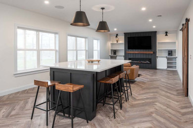 Example of a large minimalist walk-out vinyl floor and brown floor basement design in St Louis with white walls