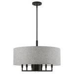 Livex Lighting - Dakota 7 Light Black Pendant Chandelier - This seven light pendant chandelier from the Dakota collection has a clean, crisp look and contemporary appeal while offering antiquate light with the six up lights and the one down light. The sleek design and angular arm feature a black finish. The hand crafted urban gray fabric hardback shade with white color fabric on the inside offers warm light for your surroundings.