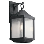 Kichler - Outdoor Wall 1-Light, Distressed Black - The 21.25" 1 light outdoor wall sconce from the Springfield collection offers classic style with a weathered effect. The hammered-look metal and Distressed Black finish give each fixture texture and character, while the seeded glass softly diffuses the light.