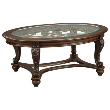 Traditional Coffee Table, Unique Design With Carved Legs & Glass Top, Dark Brown