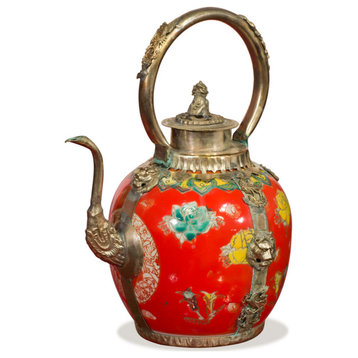 Tibetan Porcelain and Brass Teapot, Red
