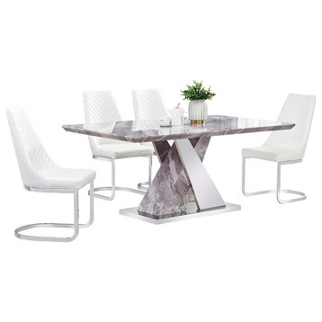 Faux White Marble Dining Set with Chairs and Silver Stainless Steel