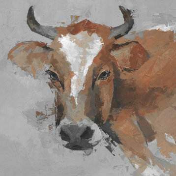"Big Brown Cow" Painting Print on Wrapped Canvas, 18"x18"