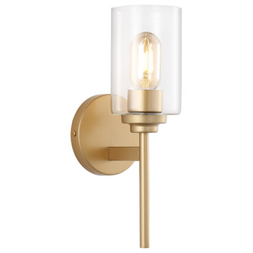 Juno 13" 1-Light Farmhouse Industrial Iron Cylinder LED Vanity, Brass Gold/Clear