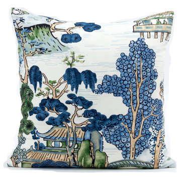 Asian Scenic Pillow Cover, Thibaut Chinoiserie Fabric, 22"x22"