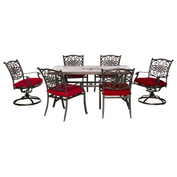 Monaco 7-Piece Patio Dining Set, Red With 4 Dining Chairs, 2 Swivel Rockers