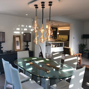 Ejemplo de comedor moderno, grande, abierto, con paredes grises, suelo de madera oscura, chimenea tradicional, marco de chimenea de hormigón y suelo marrón