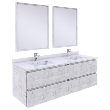 Fresca Stella 60" Wall Hung Double Bathroom Vanity w/ Mirrors in Rustic White